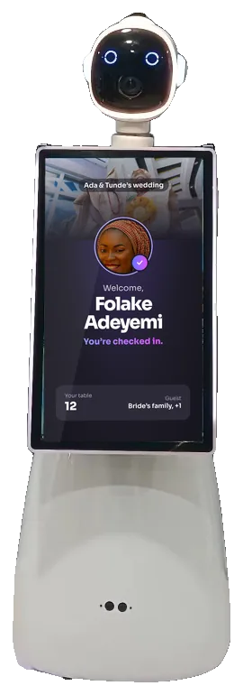 The robot’s screen confirming a guest is checked in