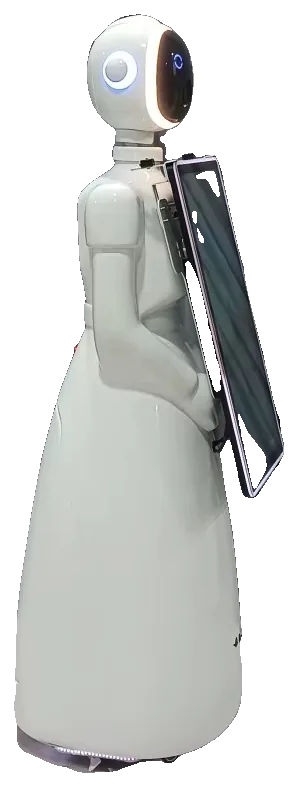 The Robobooth robot, seen from the front three-quarter angle